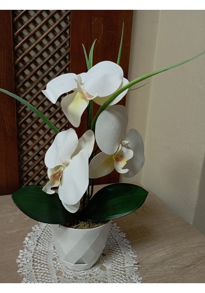 3 Kandilli Beyaz Islak Orkide Elegans Masaüstü Yapay Aranjman 30 Cm