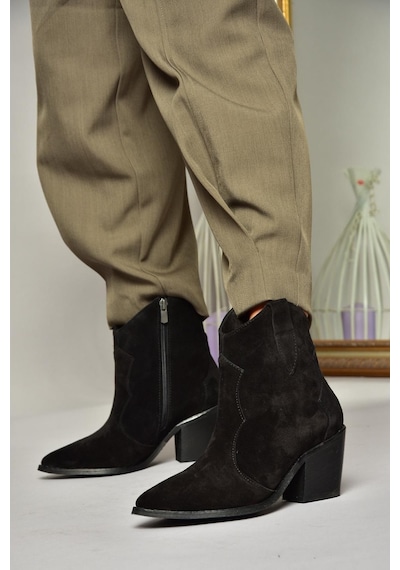 Fox Shoes T380082502 Siyah Süet Kovboy Model Kalın Topuklu Kadın Bot Siyah