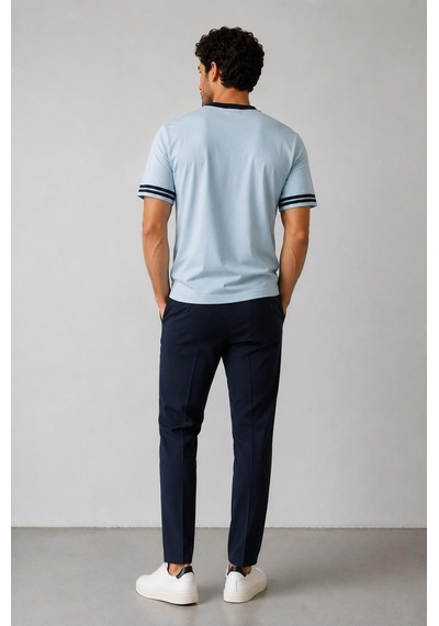 Alexandergardi Şerit Detaylı Kontrast Yaka Basic T-shirt Açık Mavi