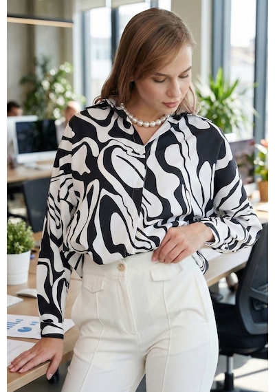 Armonika Kadın Siyah Desenli Oversize Uzun Basic Gömlek Arm-22y001148