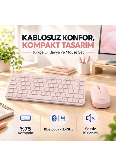 Philips SPT6338BT Bluetooth ve 2.4GHz Kablosuz Türkçe Q 85 Tuşlu Klavye Mouse Seti