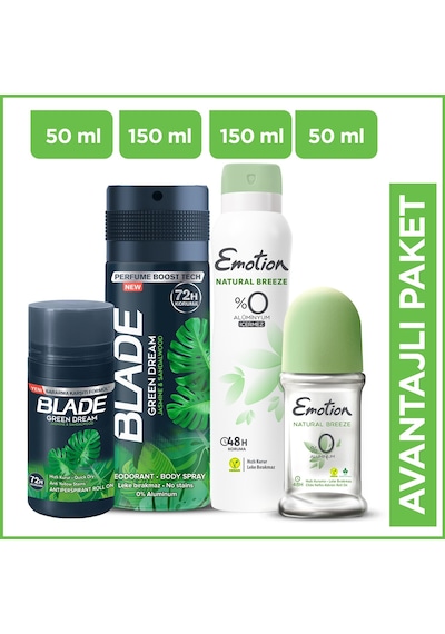 Emotion Natural Breeze Kadın Deodorant 150 ML + Roll-On 50 ML + Blade Green Dream Erkek Deodorant 150 ML + Green Dream Roll-On 50 ML