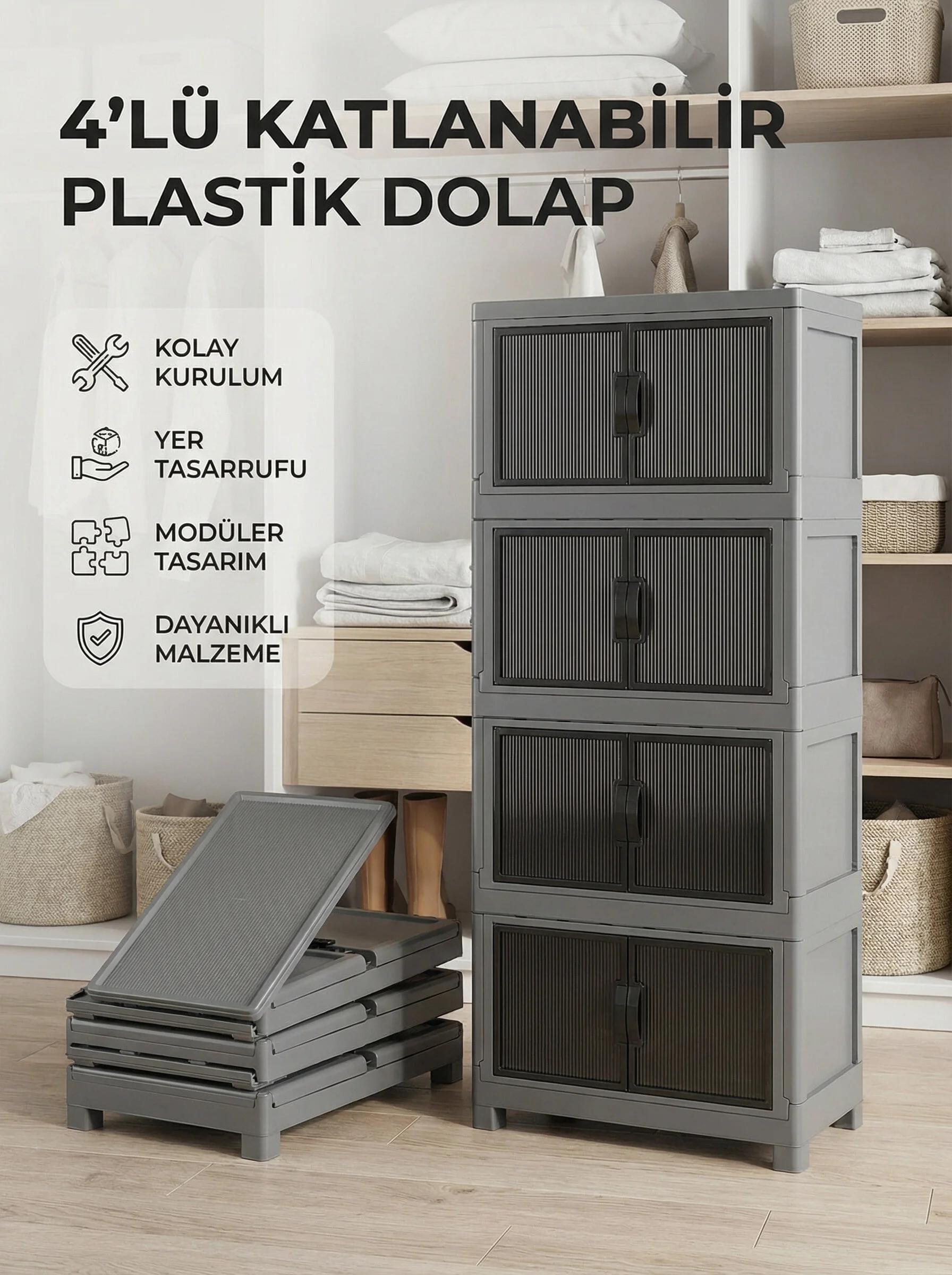 Ceritoğlu 4 Lü Katlanabilir Çok Amaçlı Plastik Dolap-kapaklı-dekoratif Ve Şık Görünüm Koyu Gri
