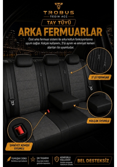 Renault Clio 5 2020 Ve Sonrası Uyumlu Nergis Serisi Füme Siyah Oto Koltuk Kılıfı