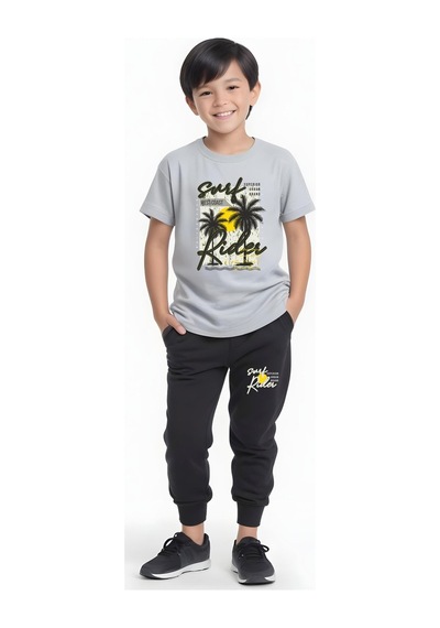 Fyk Kids Erkek Çocuk Mevsimlik Surf Rider Baskılı Alt-üst Takım Gri