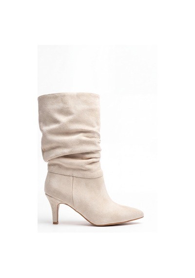 V.s.h Velvet Kama Kadın Süet Körüklü 7 Cm Topuklu Krem Yarım Çizme -2562