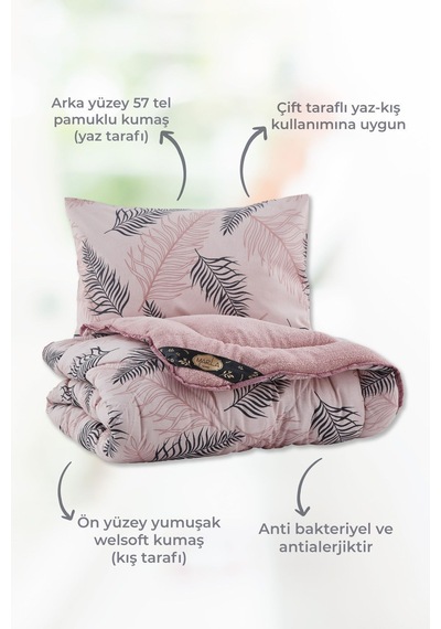 Palm Desenli Çift Kişilik Çift Taraflı Wellsoft Uyku Seti - Pembe - 195x215 Pembe Palm