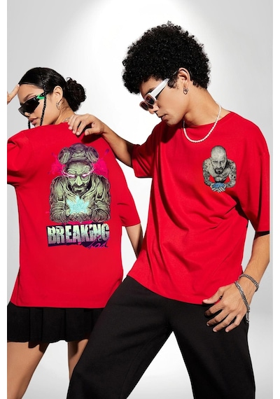 Breaking Bad Kırmızı Oversize Kadın Erkek Ön Ve Sırt Baskılı Tişört Kırmızı