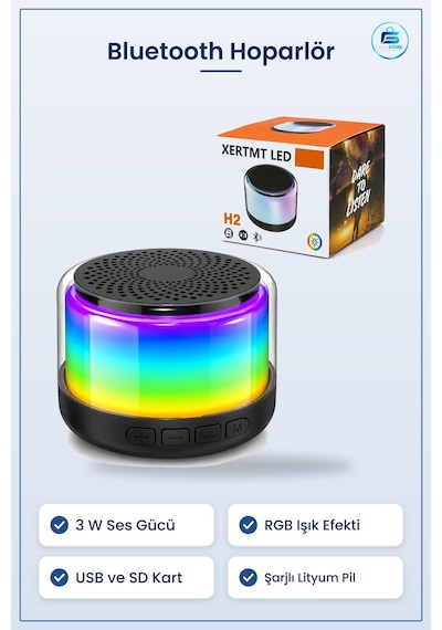 Bluetooth Hoparlör 3w Rgb Usb Sd Şarjlı Taşınabilir Işıklı Kablos
