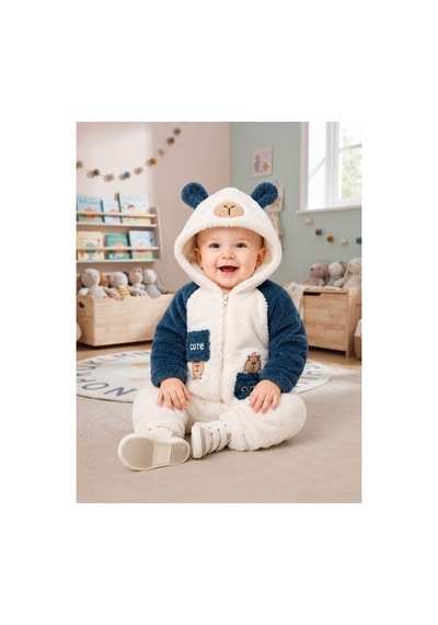 Chicsy Baby Tatlı Ayıcık Nakışlı Bebek Welsoft Tulum Kapüşonlu Kulaklı Fermuarlı Cepli Kışlık Peluş Tulum Lacivert