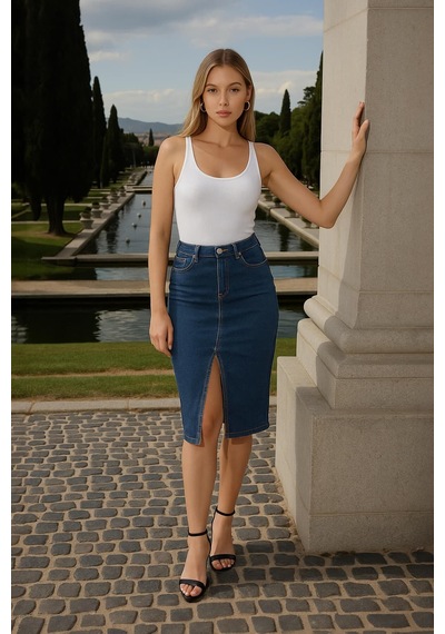 Banny Jeans Önden Yırtmaçlı Likralı Midi Jean Etek Koyu Mavi Xs