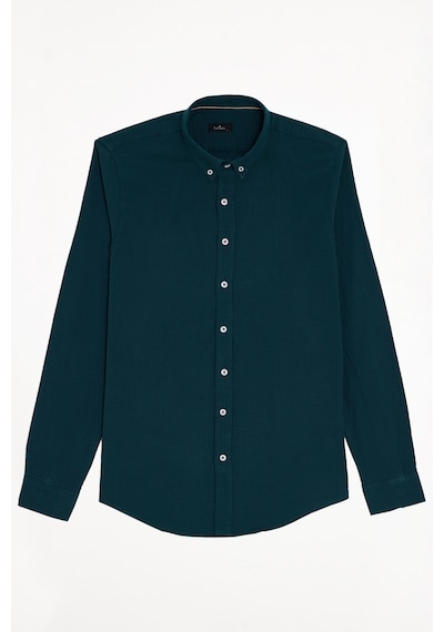 Tudors Erkek Slim Fit Dar Kesim %100 Pamuk Düğmeli Yaka Flam Keten Yeşil Gömlek-50271