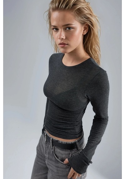 Hiccup Busem Slim Fit Uzun Kollu Transparan Bluz Koyu Gri