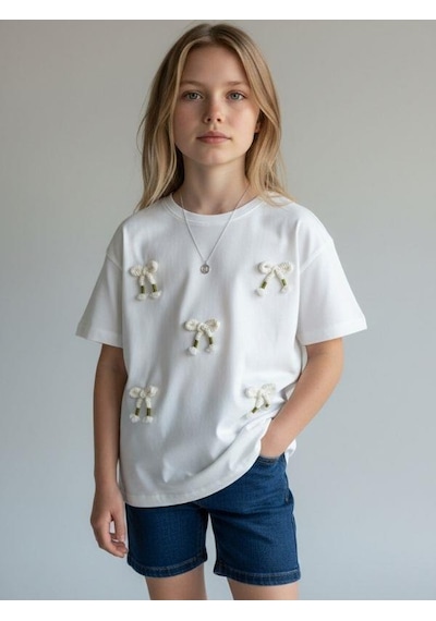 Zekids Kız Çocuk Pamuklu Fiyonk Detaylı T-shirt-16760 Ekru