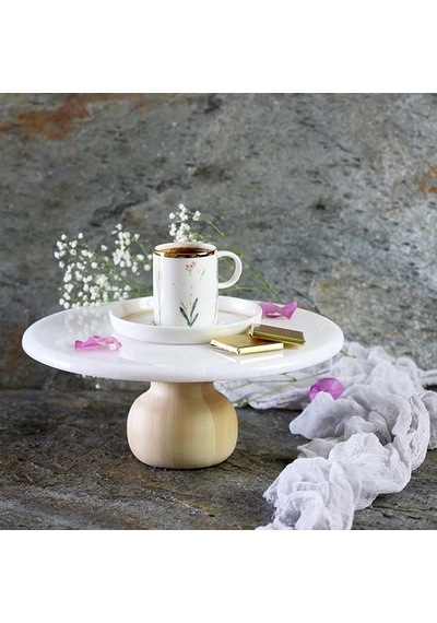 Akayev Mermer 25 CM Ahşap Ayaklı Beyaz Yuvarlak Sunum Tabağı