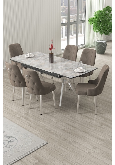 Canisa Nis Serisi 89x150 Açılabilir Lak Panel Rampla Gri Krom Ayak Masa Takımı Ve 6 Cappucino Sandalye Masa Rampla Gri Sandalye Cappucino Krom Ayak Canisa Nis Serisi 89x150 Açılabilir Lak Panel Rampla Gri Krom Ayak Masa Takımı Ve 6 Cappucino Sandalye Masa Rampla Gri Sandalye Cappucino Krom Ayak