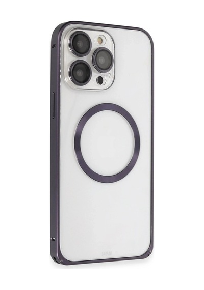 Joko Apple Uyumlu   iPhone 14 Pro Kılıf Metal Bumper Magneticsafe Kapak - Derin Mor Düz Renkli