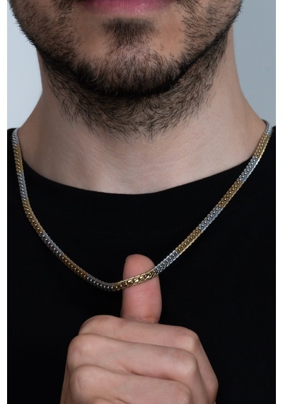 Sarı Beyaz Ezme Yassı Yılan Model Çelik Unisex Kolye eck41 Altın