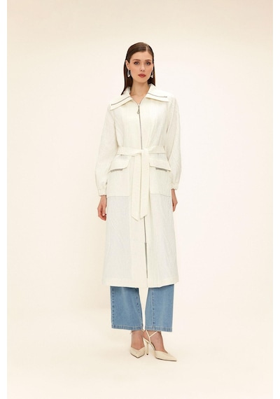Olcay Fermuarlı Taş Zincir Detaylı Astarlı Simli Jakar Kap Ekru 6726
