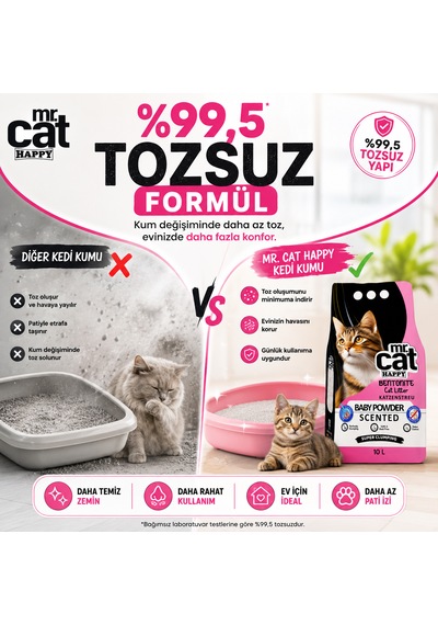 Mr.cat Happy Baby Powder Kokulu Bentonit Kedi Kumu 10 Lt X 2 Adet Toplam 20 Lt Güçlü Topaklanan %99,5 Tozsuz