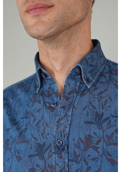 Bisse Erkek Uzun Kollu Spor Yaka Floral Desenli Denim Gömlek Gmjean252168 D39 Lacivert
