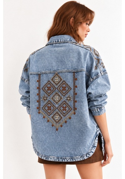 Saade Açık Mavi Etnik İşlemeli Oversize Denim Ceket