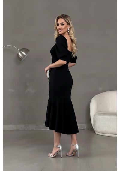 Defymoda Kadın Balık Model Cazibeli Elbise Siyah