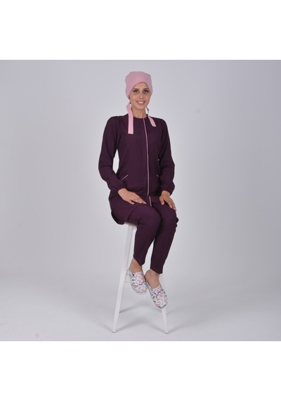 Patlıcan Moru Soft Likra Hemşire Doktor Tesettür Alt Üst Takım Ün