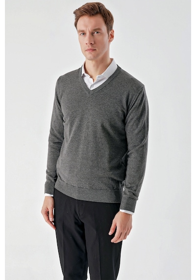 Morven Erkek Füme Basic V Yaka Dynamic Fit Rahat Kesim Triko Füme
