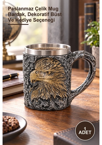 1 Adet 3d Kabartmalı Kartal Büstü Kupa Paslanmaz Çelik Mug Bardak, Dekoratif Büst Ve  Seçeneği