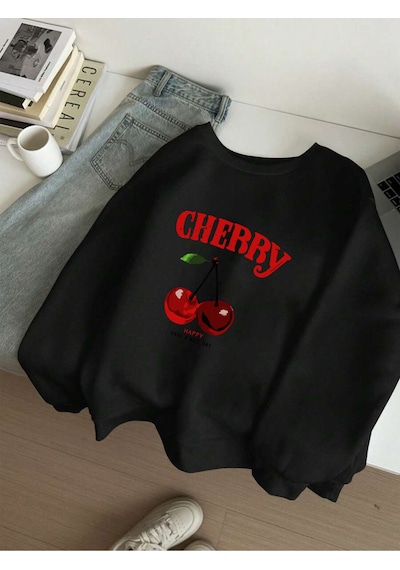 Uyguntarz Unisex Happycherry Tasarım Basklı Sweatshirt siyah