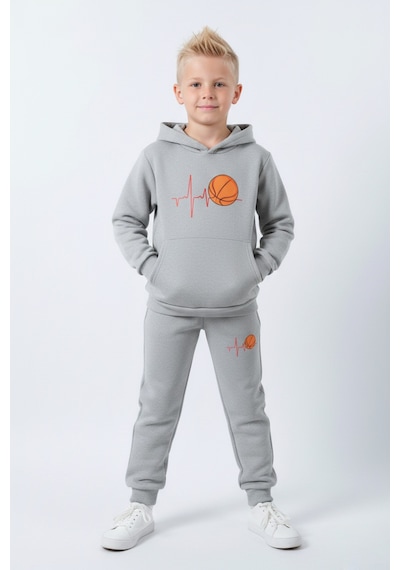 Fyk Kids 3 İplik Şardonlu Kışlık Nabız Basketbol Baskılı Kanguru Cepli Kapüşonlu Erkek Çocuk Eşofman Takımı Gri