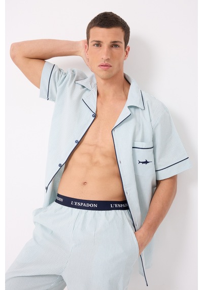 L'espadon Marısılk Seastrıpe Erkek Dokuma Yazlık Kısa Kollu Capri Pantolonlu Pijama & Lounge Takımı-3210 Nane Yeşili
