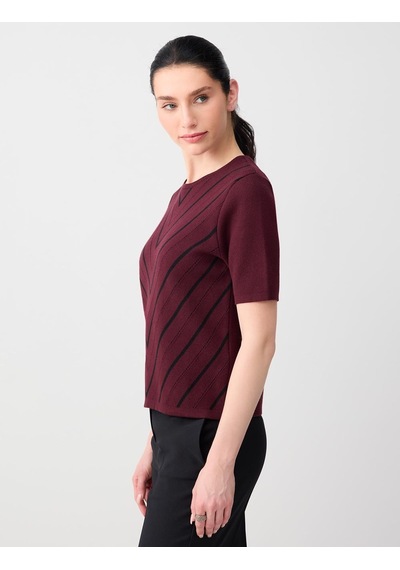 Jimmy Key Bordo Polo Yaka Kısa Kollu Çizgi Desenli Triko Bluz 6sw035609562