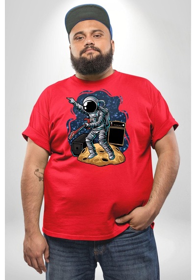 Angemiel Gitar Astronot Müzik Uzay Kırmızı Büyük Beden Erkek Kadın Unisex Basic Ön Baskılı Tişört Kırmızı