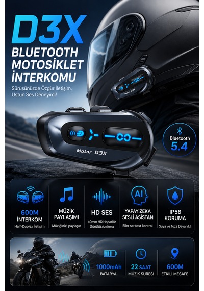 D3x Motosiklet İnterkom Bluetooth 5.4 Kask Kulaklığı 600 Metre Görüşme Hd Hoparlör Müzik Paylaşımı Ip56 Su Geçirmez