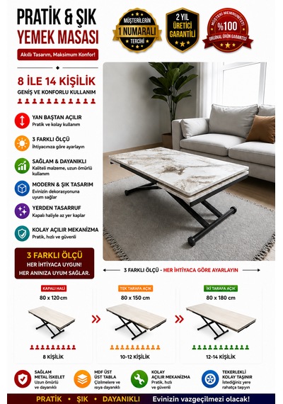 Yan Baştan Açılır Akıllı Masa Üst Tabla Mdf Yüksekliği Ayarlanabilir Beyaz Mermer