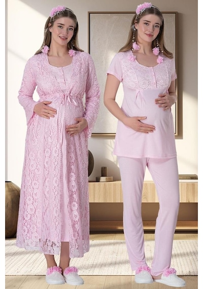 Mecit Pijama Mecit 6060 Bayan Pembe Sabahlık Gecelik Pijama Hamile Lohusa Set 001