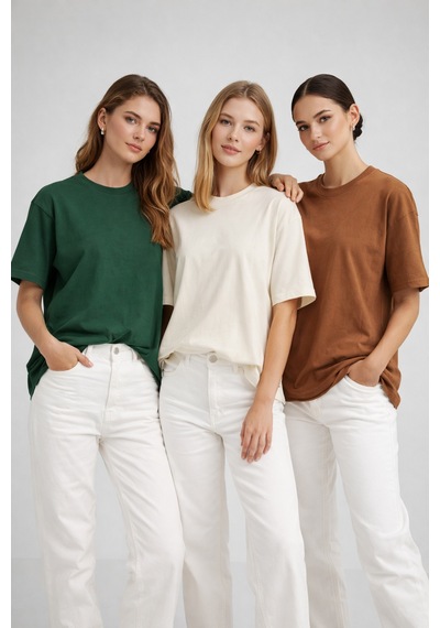 Kadın 3'lü Paket Yeşil-bej-kahve %100 Pamuk Oversize Basic Tişört Bisiklet Yaka Relaxed T-shirt Yeşil-bej-kahve
