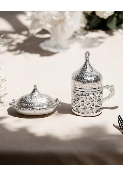 Nia Zamak Damat Kahve Fincanı Ve Lokumluk Gümüş Gümüş