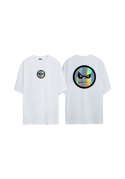 Thewert Unisex Folyo Renkli Yüz Ön Arka Baskılı Beyaz Oversize T-shirt