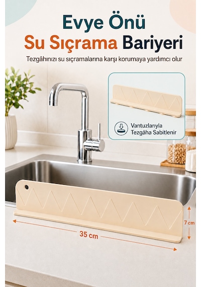 Evye Önü Su Sıçrama Önleyici Bariyer Bulaşık Yıkama Sıçrama Koruyucu Tezgah Önü Su Bariyeri Bej