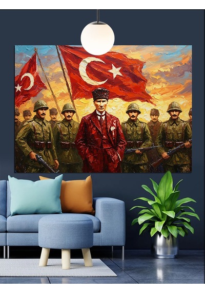 Bayrak Tutan Askerler Ve Atatürk Dekoratif Kanvas - Mdf Ahşap Tablo
