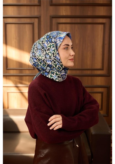 Silk Home Twill İpek Eşarp Petrol Mavisi-ekru Desenli Tok Duruşlu 90x90 Çok Renkli