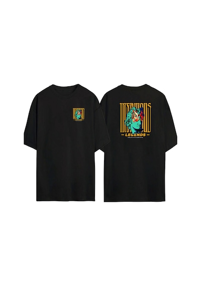 Thewert Unisex Legends Alevli Gözler Ön Arka Baskılı Sıyah Oversize T-shirt Siyah