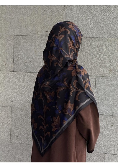 Qalortex Scarf Pamuklu Yaprak Desen Eşarp - Siyah - Morcivert Morcinevt