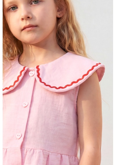 Magu Kız Çocuk Pamuklu Pembe Bebe Yaka Kalp Cep Detaylı Bluz Pantolon Takım