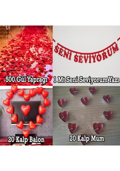 Evlilik Yıl Dönümü 500 Gül Yaprağı Kalp Balon+mum +yıldönümü Yazı