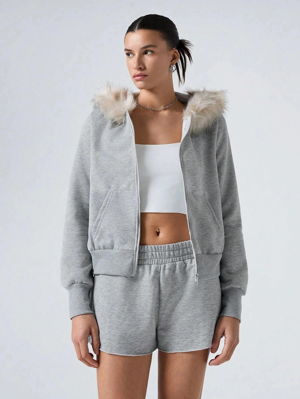 Afri Kadın Gri Fermuarlı Kapüşonlu Sweatshirt Kürklü Kapüşon, Cepli, Rahat Kalıp Gri