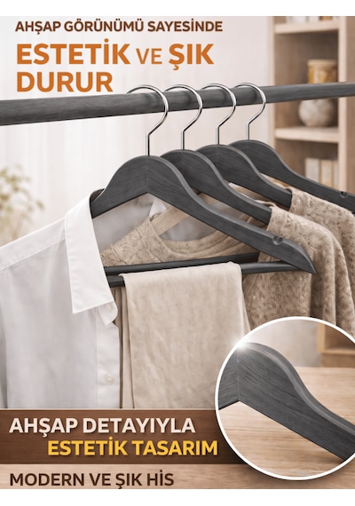 Beylini 3'lu Ahşap Görünümlü Plastik Askılık Yetişkin Kıyafetleri İçin Dayanıklı Elbise Gömlek Kancalı Askı Antrasit